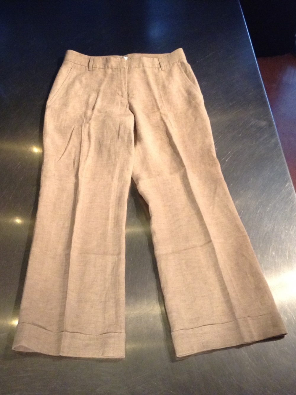 Gunex Linen Pants Women's 6S? Tan Flat Front Wide Leg Belt Loops Pockets Italy